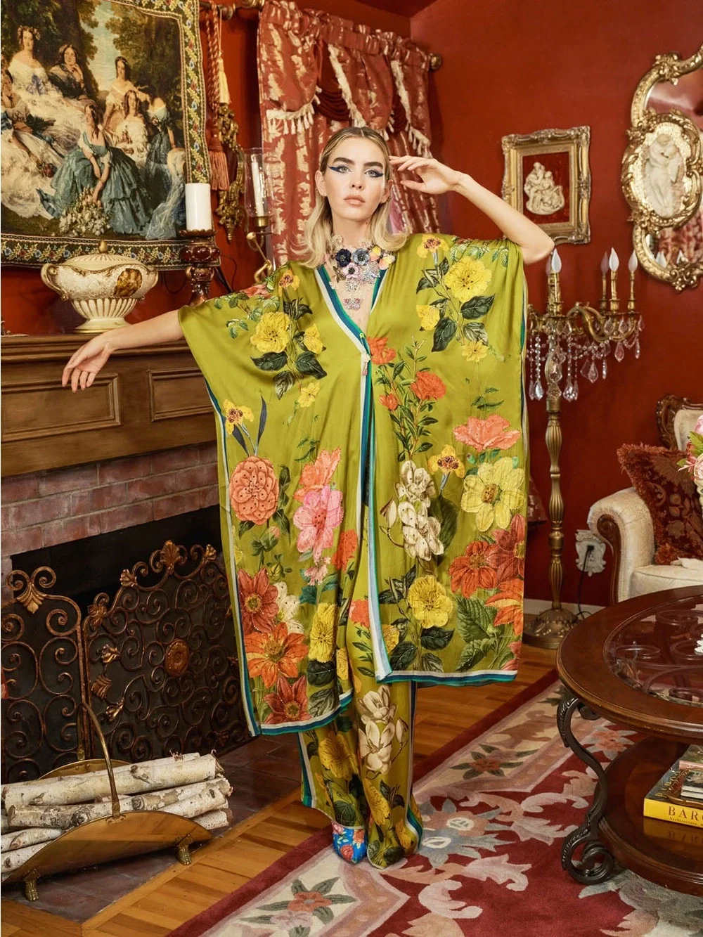268$ Aratta French Riviera Hand Beaded Olive Floral Kimono